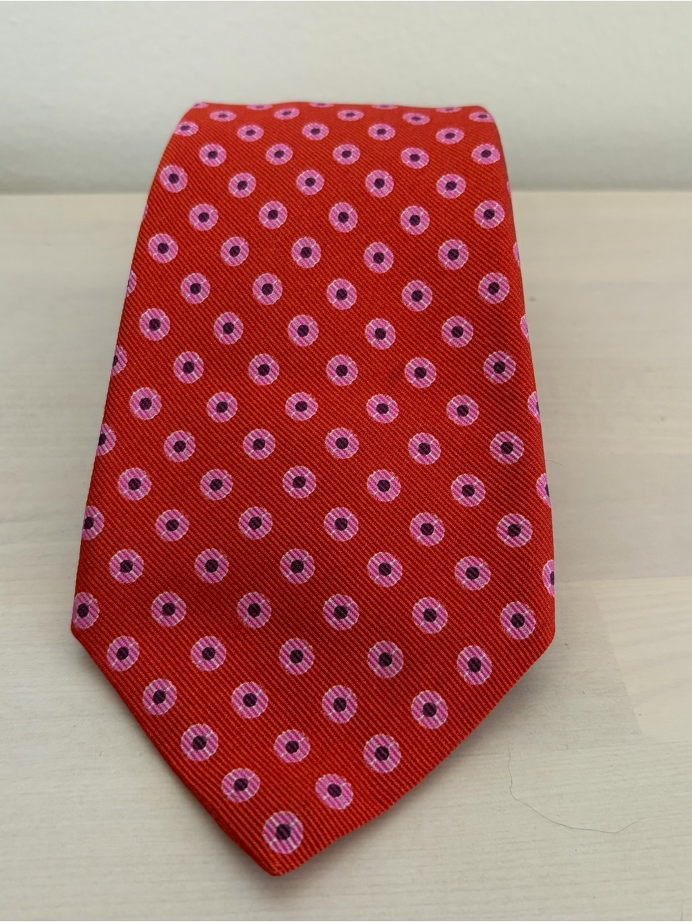 Kiton Silk Red Tie with Pink Dot Pattern